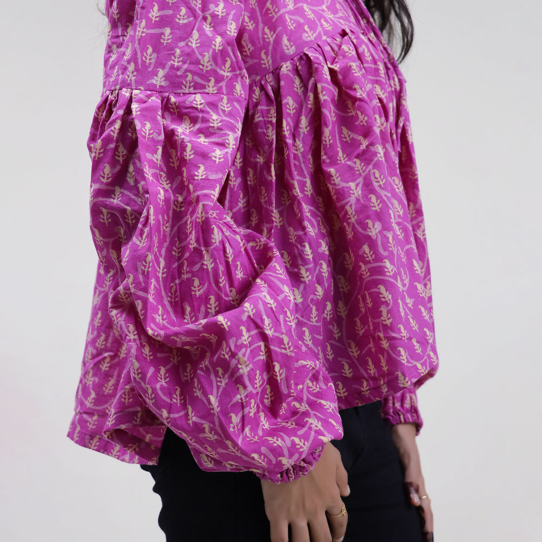 Dark Pink Leaf Print Hand Cotton Short Top for Girls