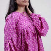 Dark Pink Leaf Print Hand Cotton Short Top for Girls