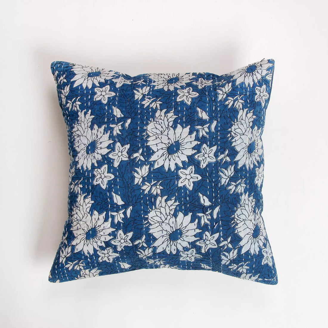 Decorative Blue Floral Quilted Kantha Cushion Cover