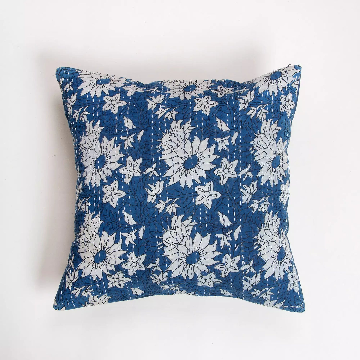 Decorative Blue Floral Quilted Kantha Cushion Cover