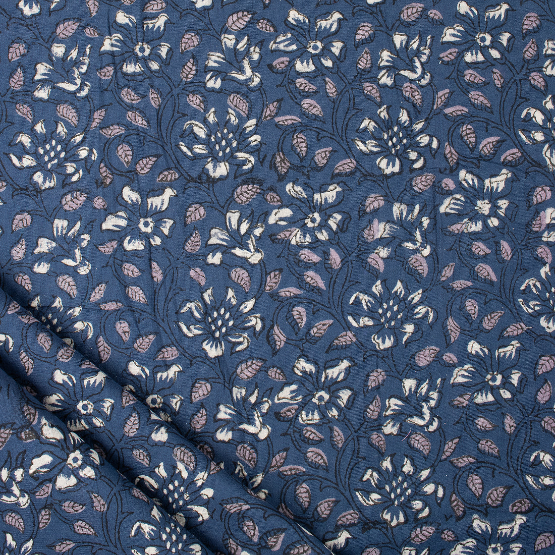Discharge Hand Printed Blue Floral Cotton Fabric