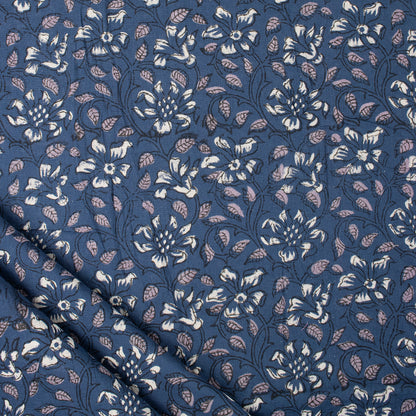 Discharge Hand Printed Blue Floral Cotton Fabric