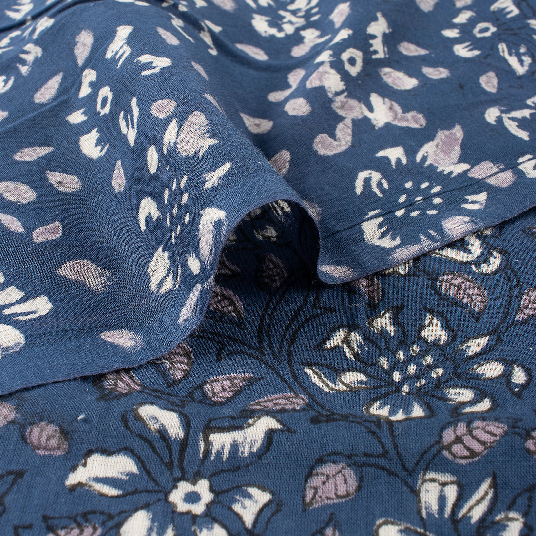 Discharge Hand Printed Blue Floral Cotton Fabric