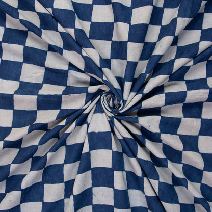 Eco-Friendly Check Printed Indigo Cotton Material Fabric