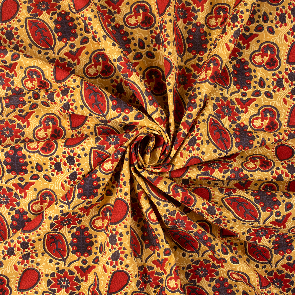 Eco Frendly Yellow Leaf Hand Block Print Cotton Fabric