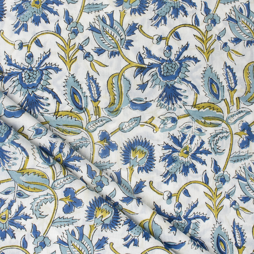 Exclusive Blue Floral Hand Block Print Fabric By The Yard