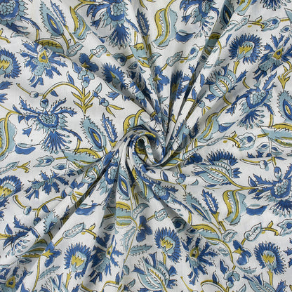 Exclusive Blue Floral Hand Block Print Fabric By The Yard