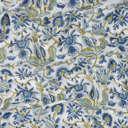 Exclusive Blue Floral Hand Block Print Fabric By The Yard