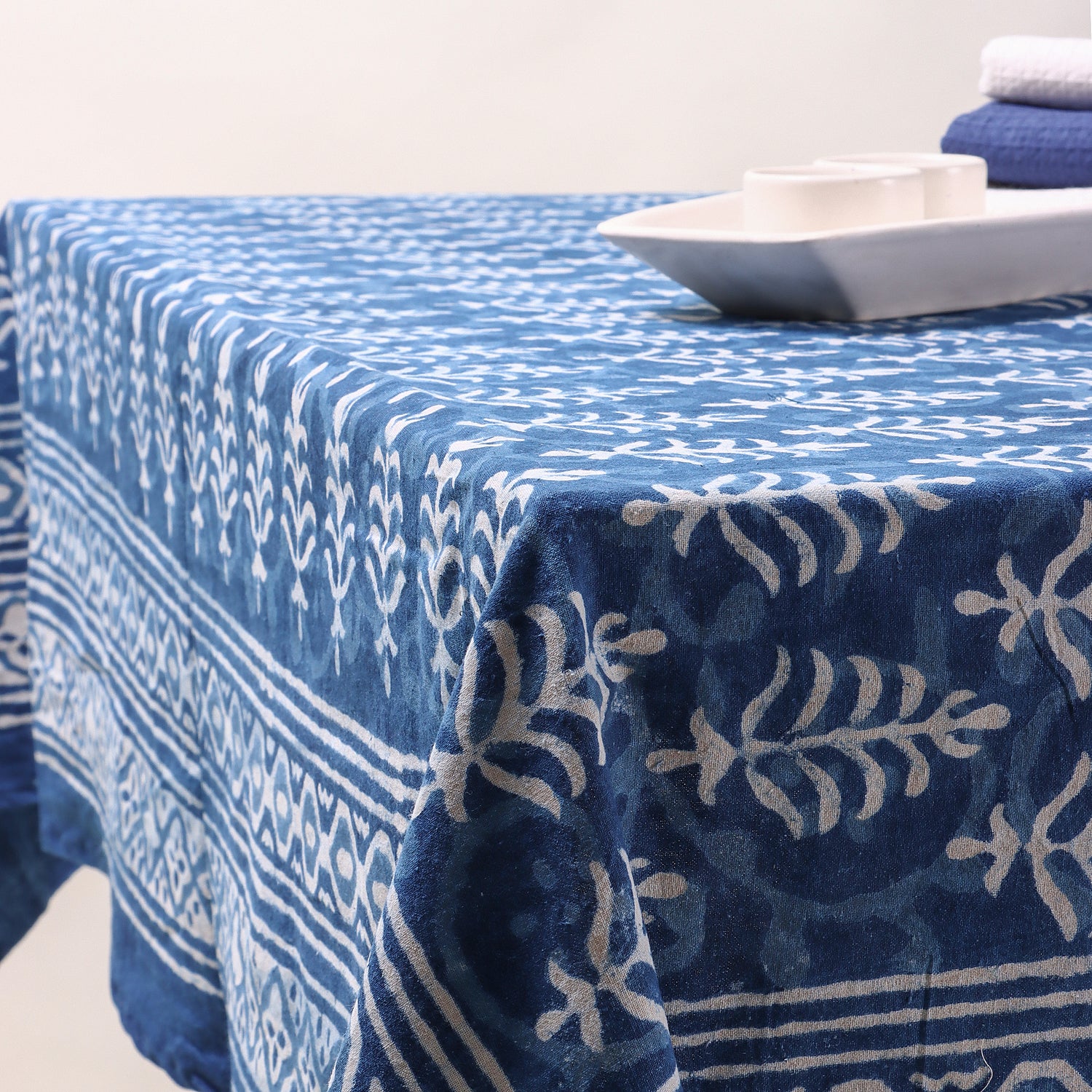 Exclusive Blue Leaf Hand Block Printed Cotton Tablecloth