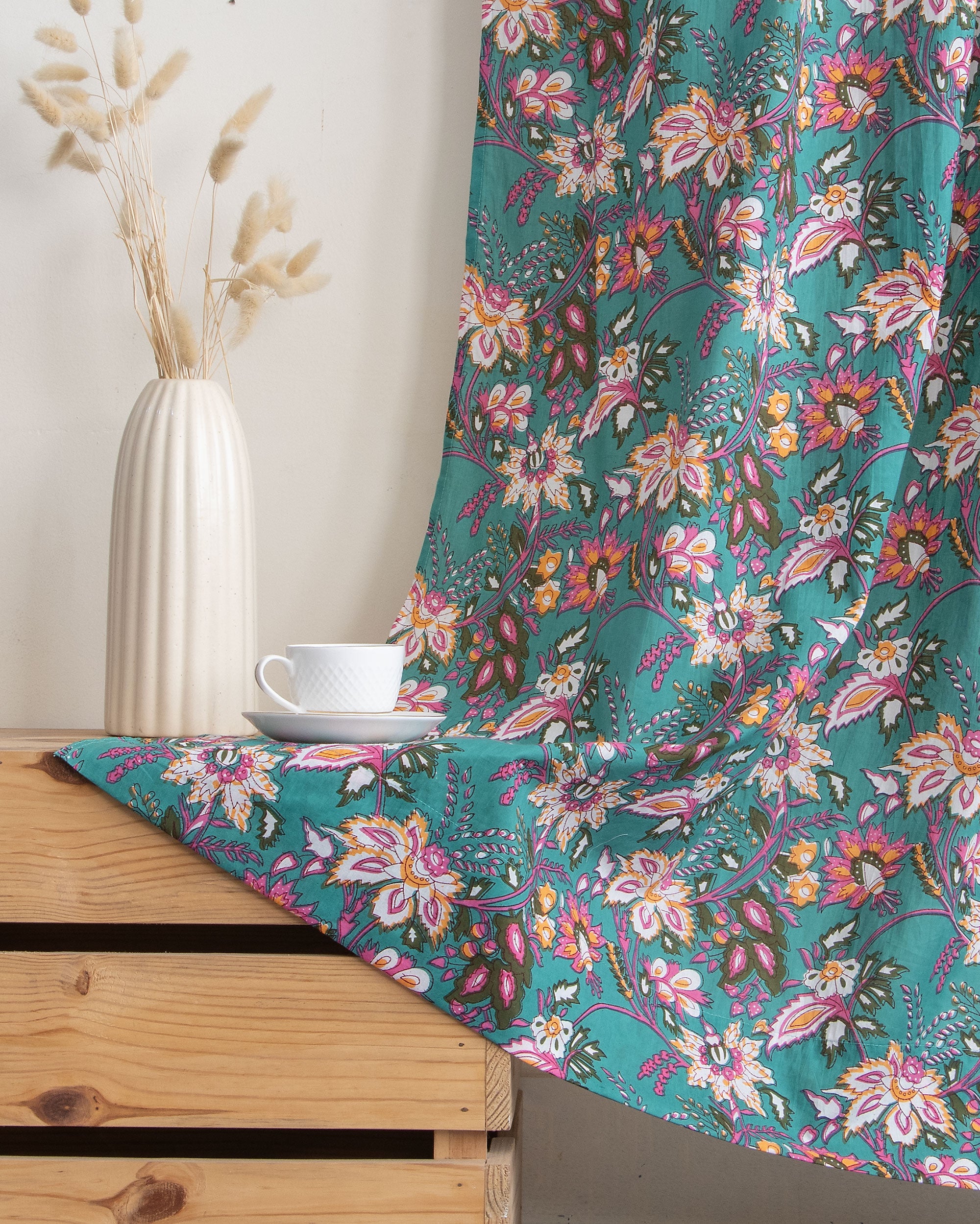 Floral Block Printed Cotton Curtain for Kitchen