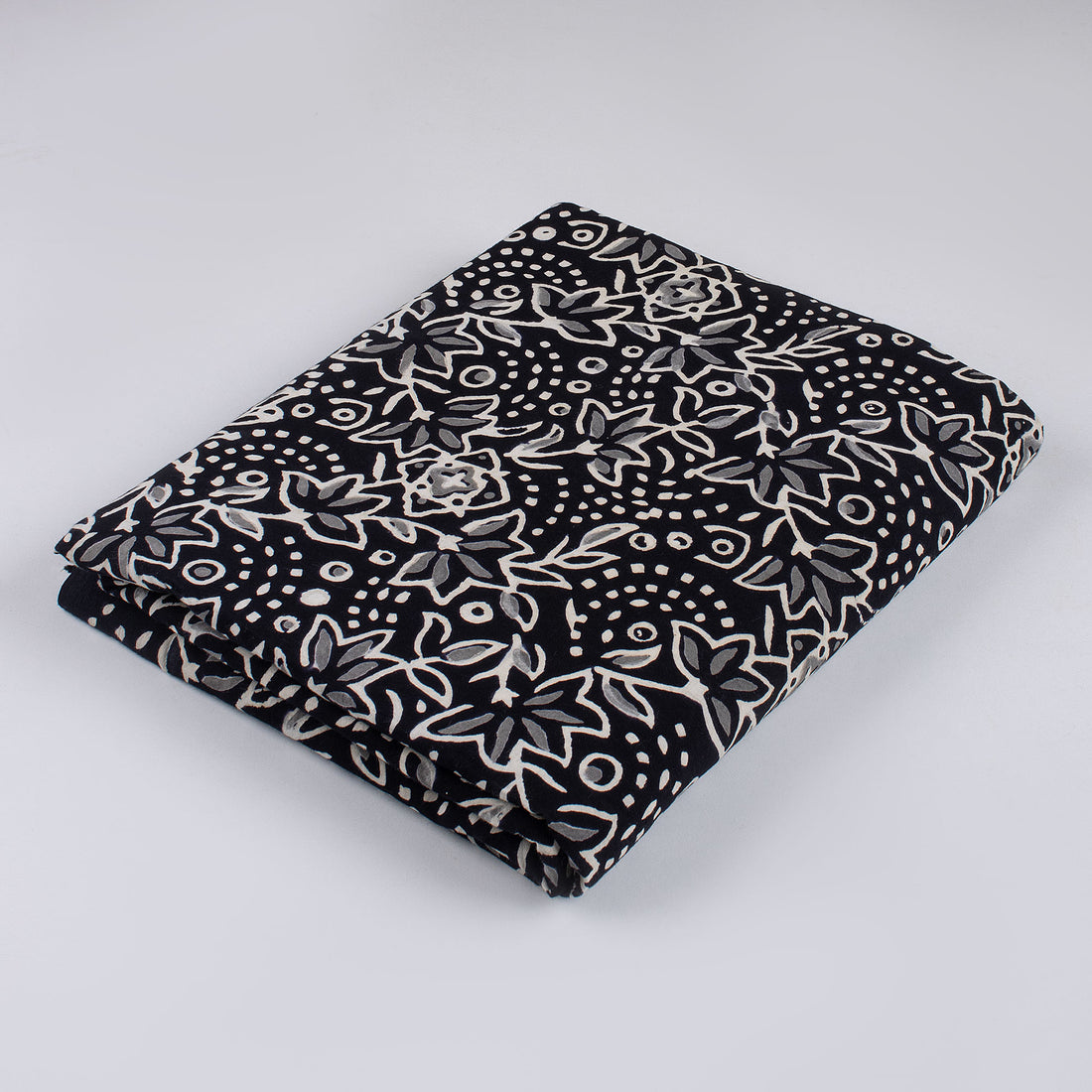 Floral Hand Block Printed Black and White Fabric by the Yard