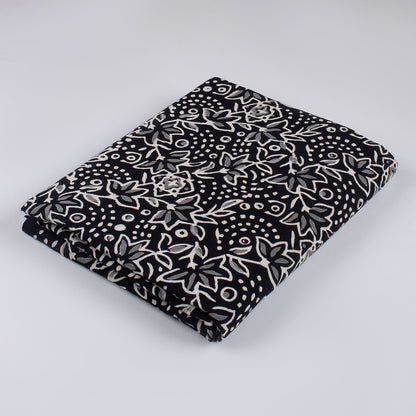 Floral Hand Block Printed Black and White Fabric by the Yard