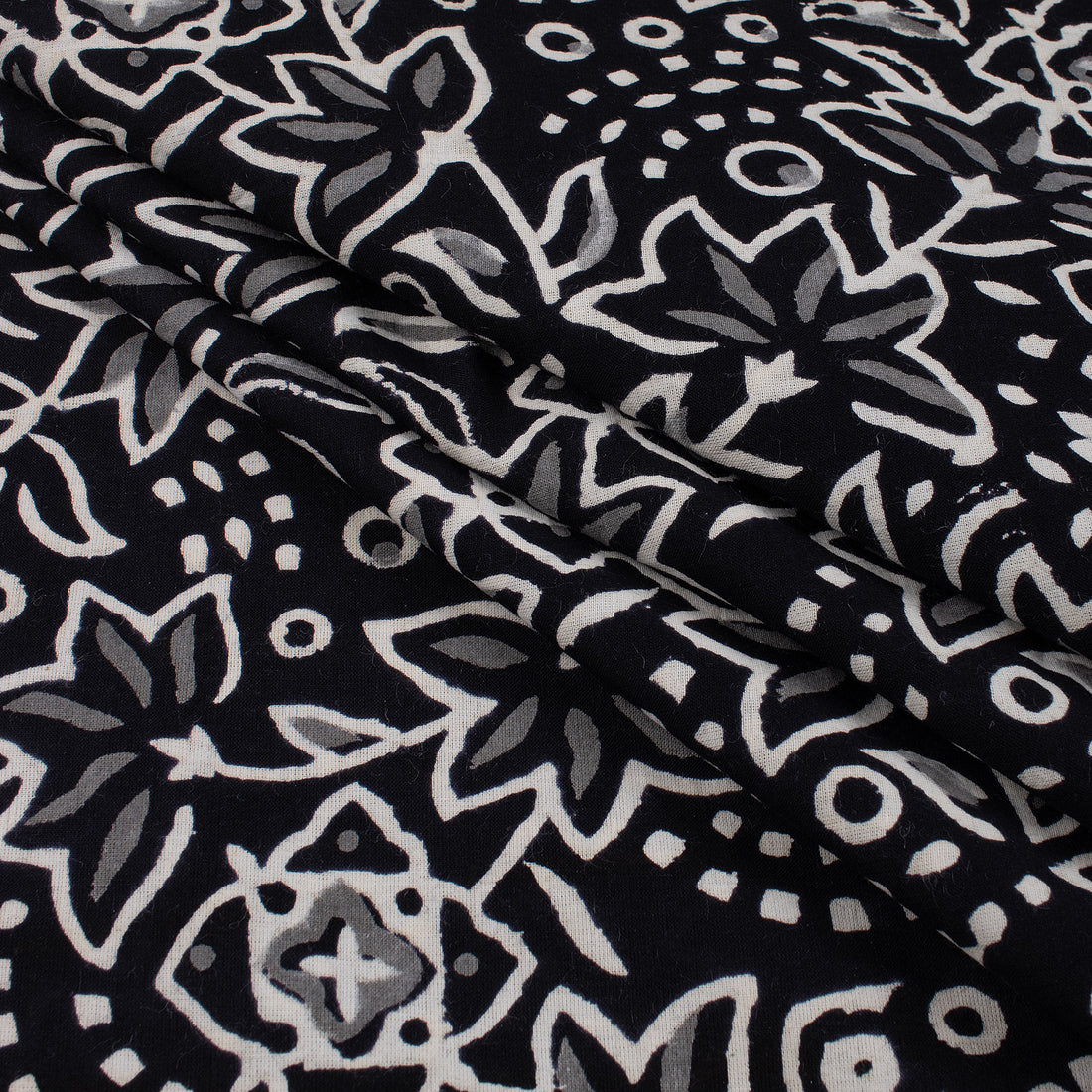 Floral Hand Block Printed Black and White Fabric by the Yard