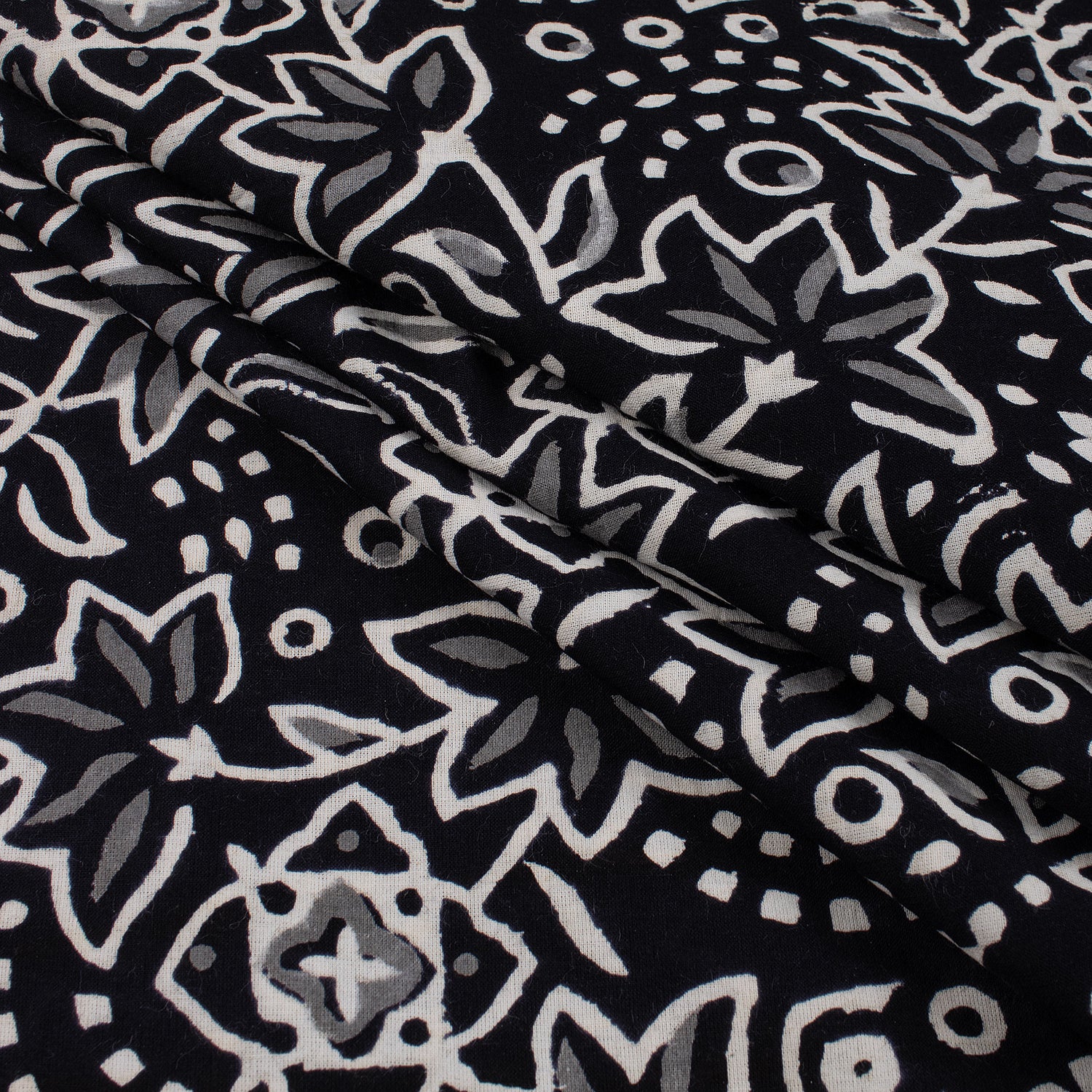 Floral Hand Block Printed Black and White Fabric by the Yard