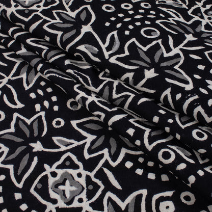 Floral Hand Block Printed Black and White Fabric by the Yard