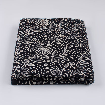 Floral Hand Block Printed Black and White Fabric by the Yard