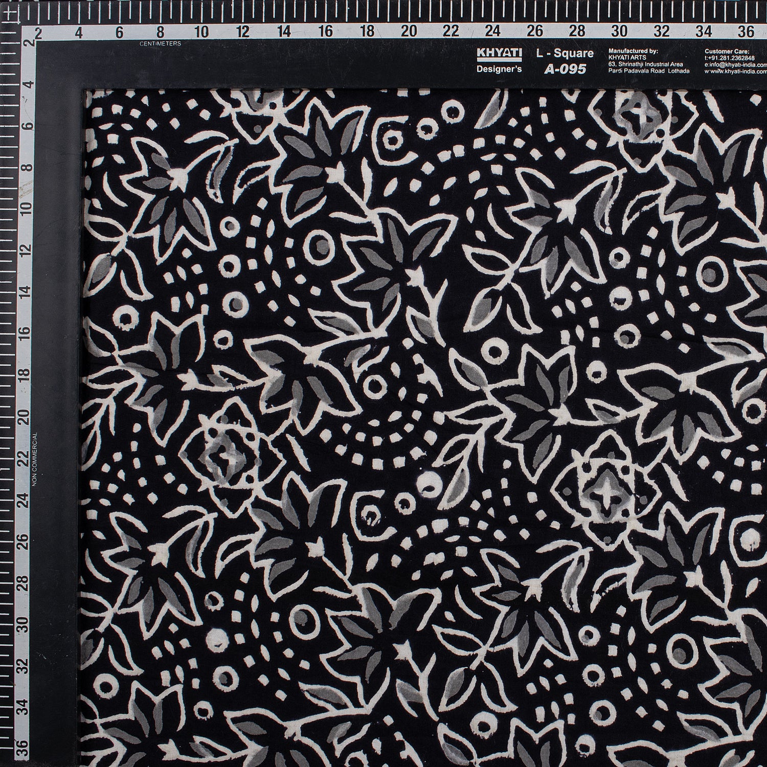 Floral Hand Block Printed Black and White Fabric by the Yard