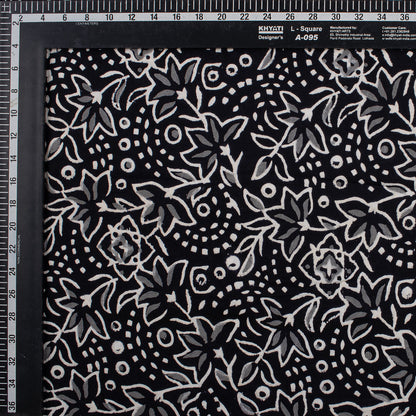 Floral Hand Block Printed Black and White Fabric by the Yard