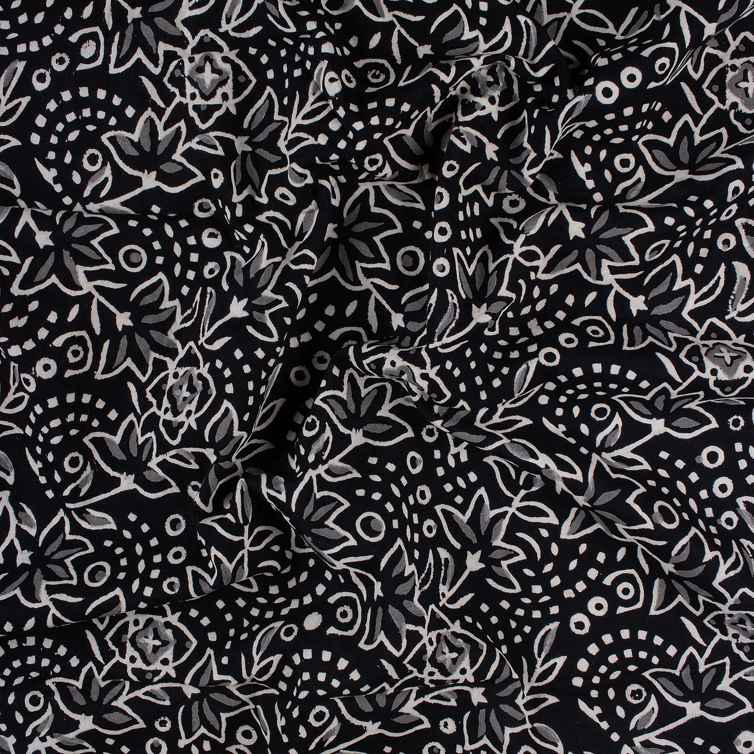 Floral Hand Block Printed Black and White Fabric by the Yard
