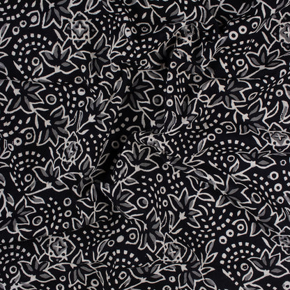 Floral Hand Block Printed Black and White Fabric by the Yard