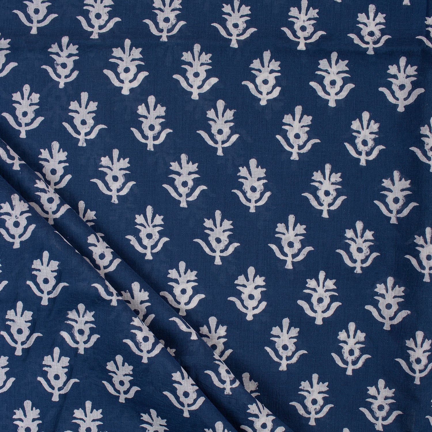 Floral Hand Block Printed Indigo Blue 100% Cotton Fabric