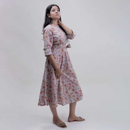 Floral Handmade Organic Cotton Gray Midi Dress with Belt