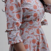 Floral Handmade Organic Cotton Gray Midi Dress with Belt