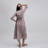 Floral Handmade Organic Cotton Gray Midi Dress with Belt