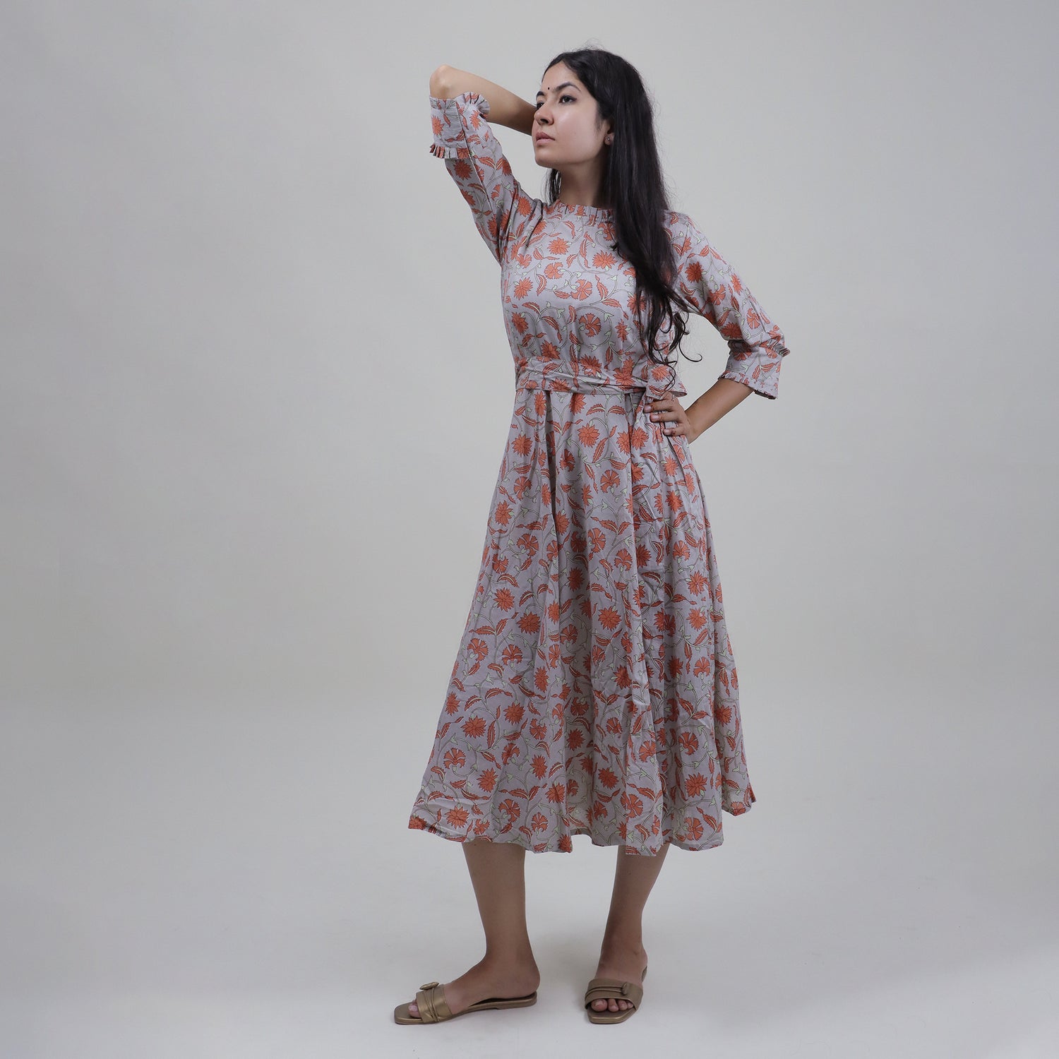 Floral Handmade Organic Cotton Gray Midi Dress with Belt