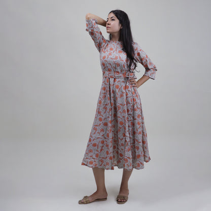 Floral Handmade Organic Cotton Gray Midi Dress with Belt