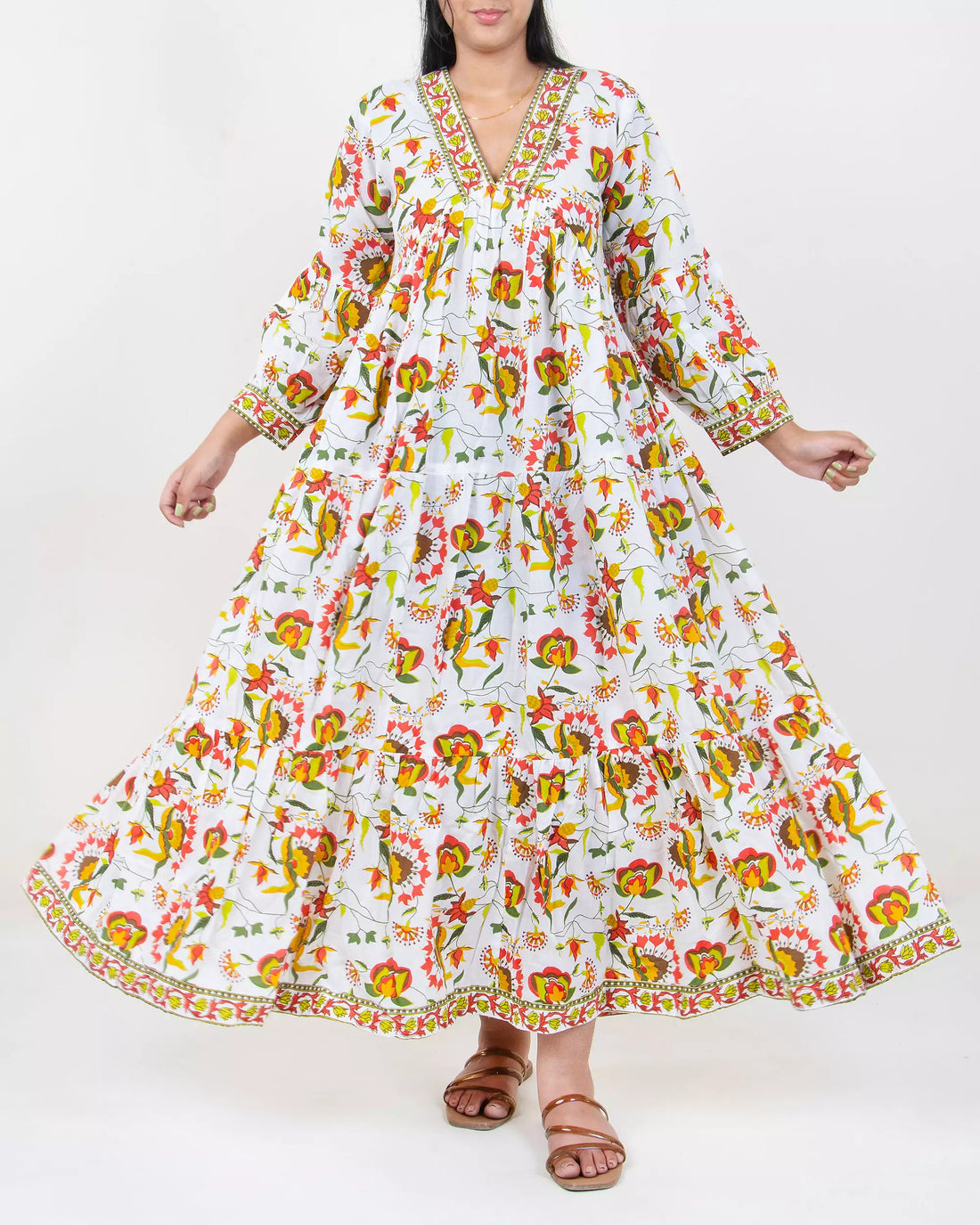Floral Maxi Dress Hand Block Printed with Sleeves 