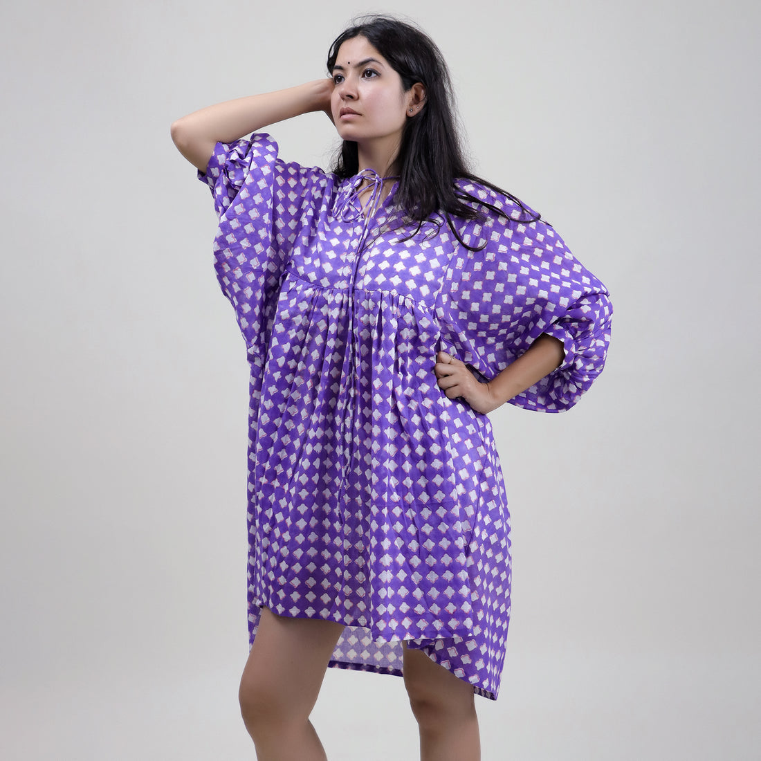 Geometrical Block Print Cotton Midi Dress For Women