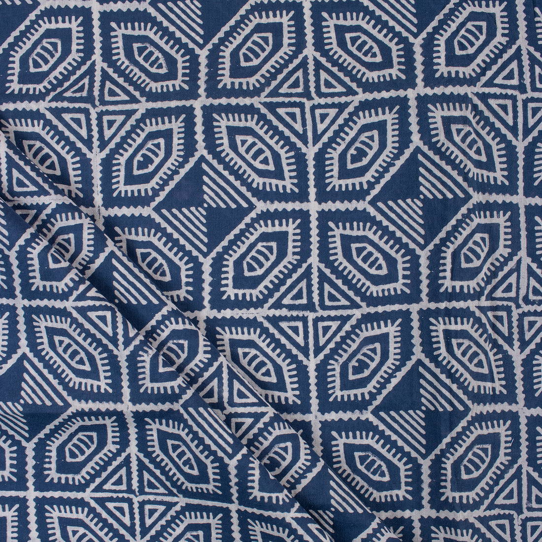 Geometrical Block Printed Indigo Blue Organic Natural Cotton Fabric