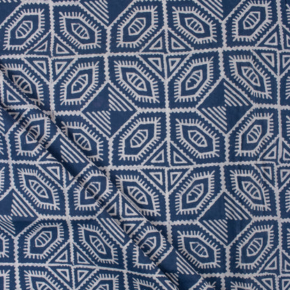 Geometrical Block Printed Indigo Blue Organic Natural Cotton Fabric