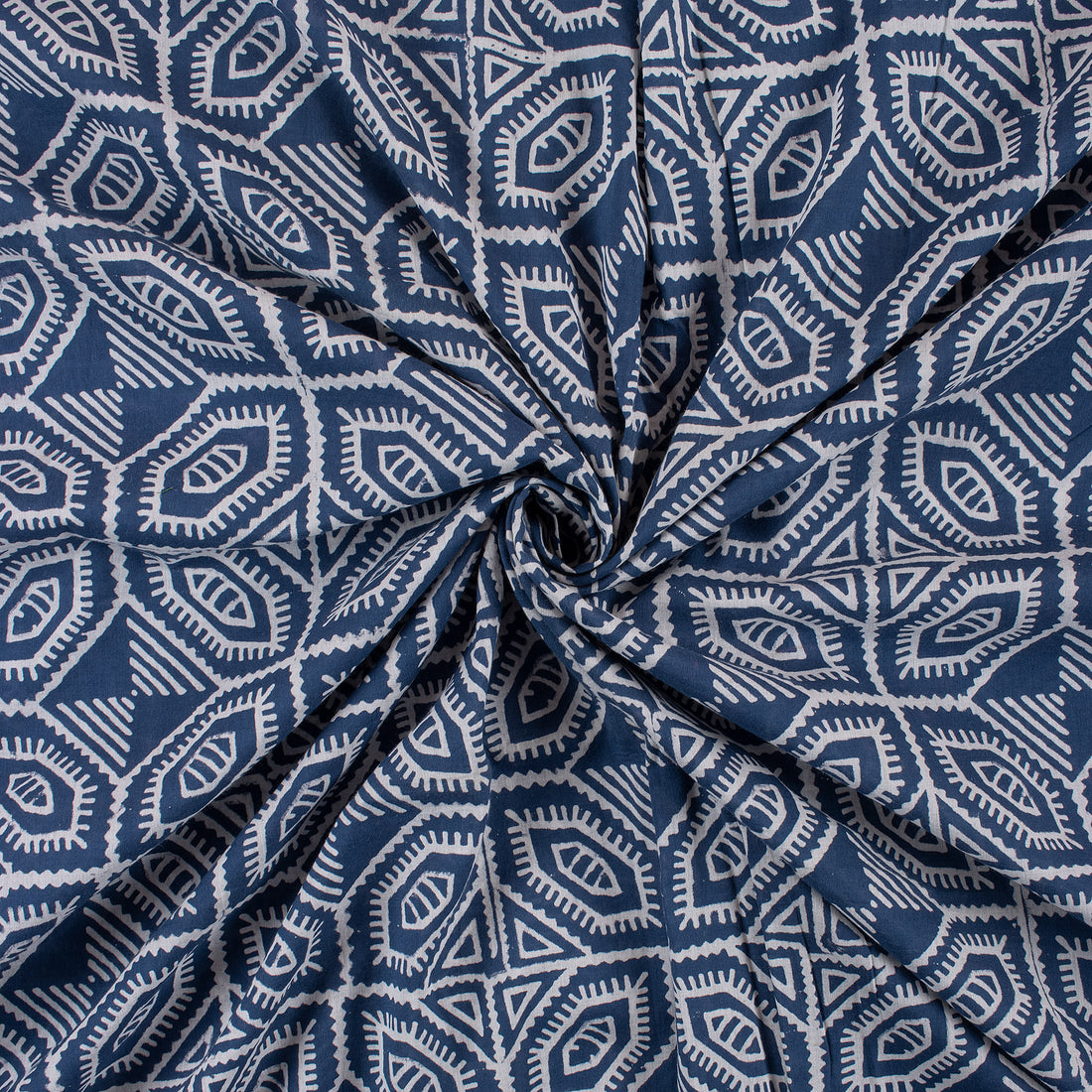 Geometrical Block Printed Indigo Blue Organic Natural Cotton Fabric