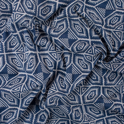 Geometrical Block Printed Indigo Blue Organic Natural Cotton Fabric