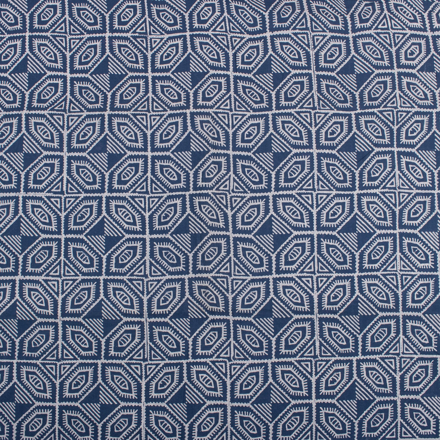 Geometrical Block Printed Indigo Blue Organic Natural Cotton Fabric