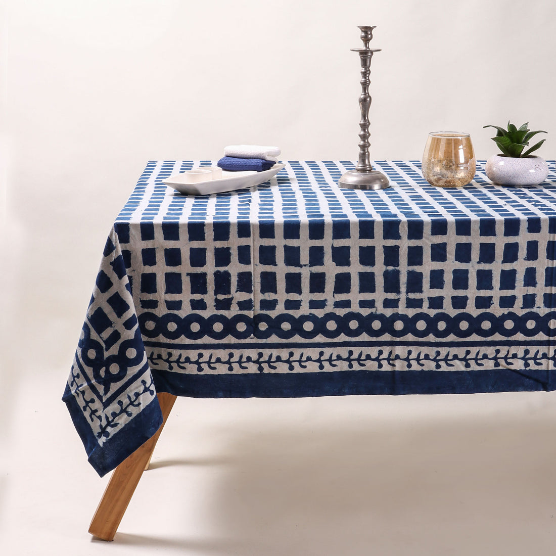 Geometrical Blue Hand Printed Cotton Dining Tablecloth