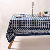 Geometrical Blue Hand Printed Cotton Dining Tablecloth