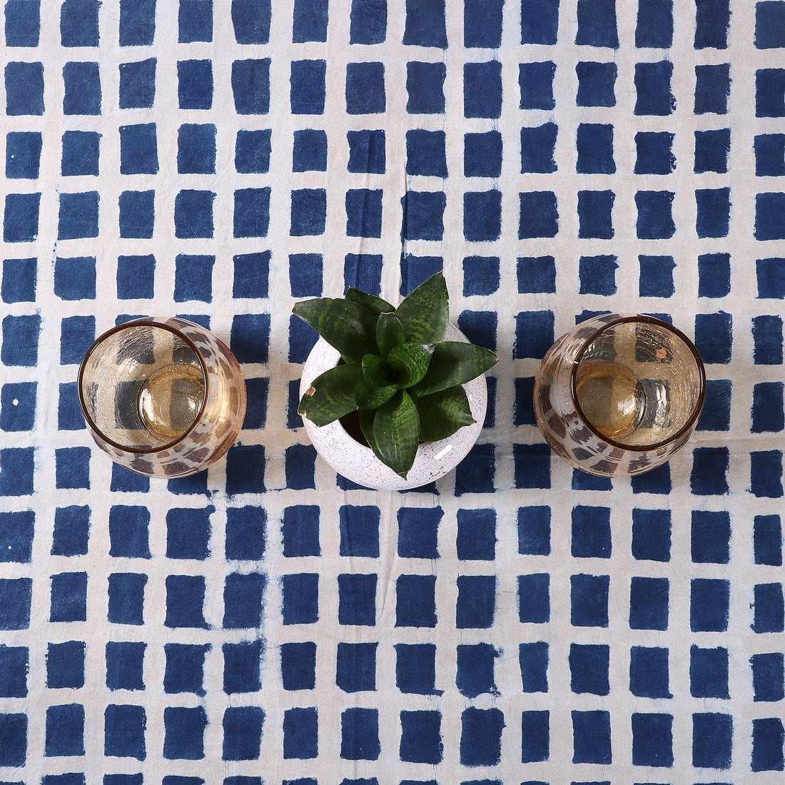 Geometrical Blue Hand Printed Cotton Dining Tablecloth