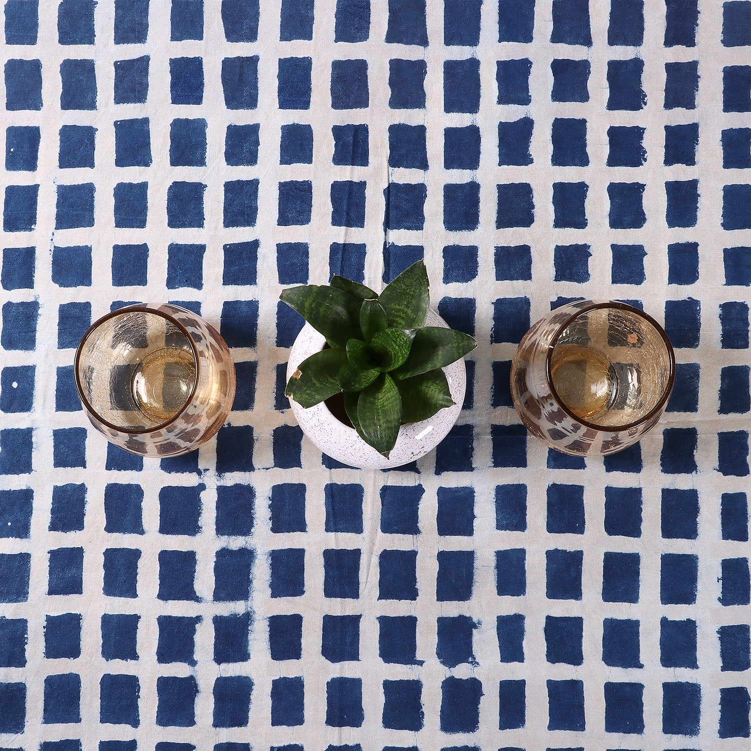 Geometrical Blue Hand Printed Cotton Dining Tablecloth