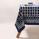 Geometrical Blue Hand Printed Cotton Dining Tablecloth