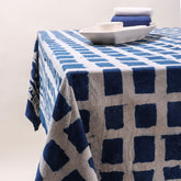 Geometrical Blue Hand Printed Cotton Dining Tablecloth