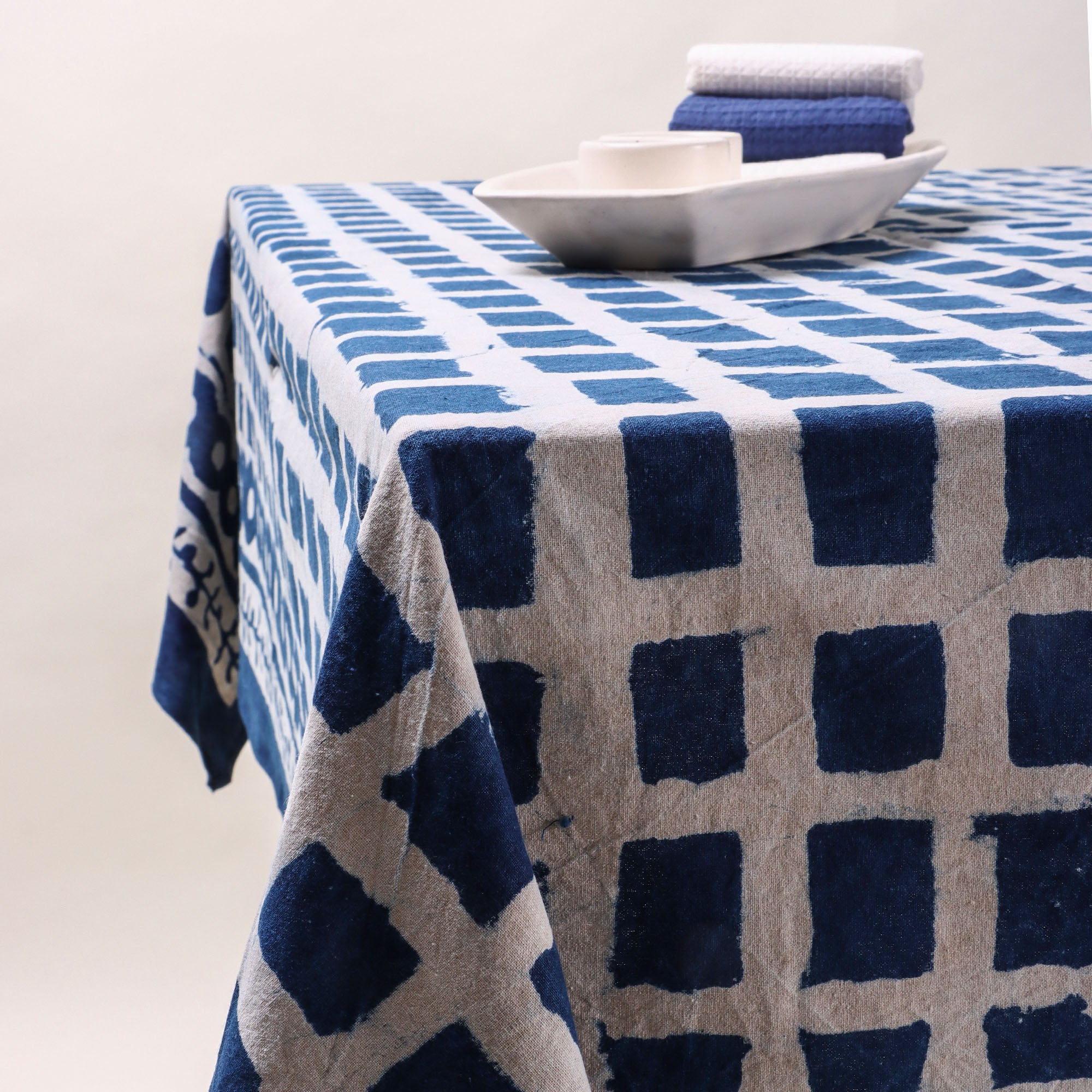 Geometrical Blue Hand Printed Cotton Dining Tablecloth