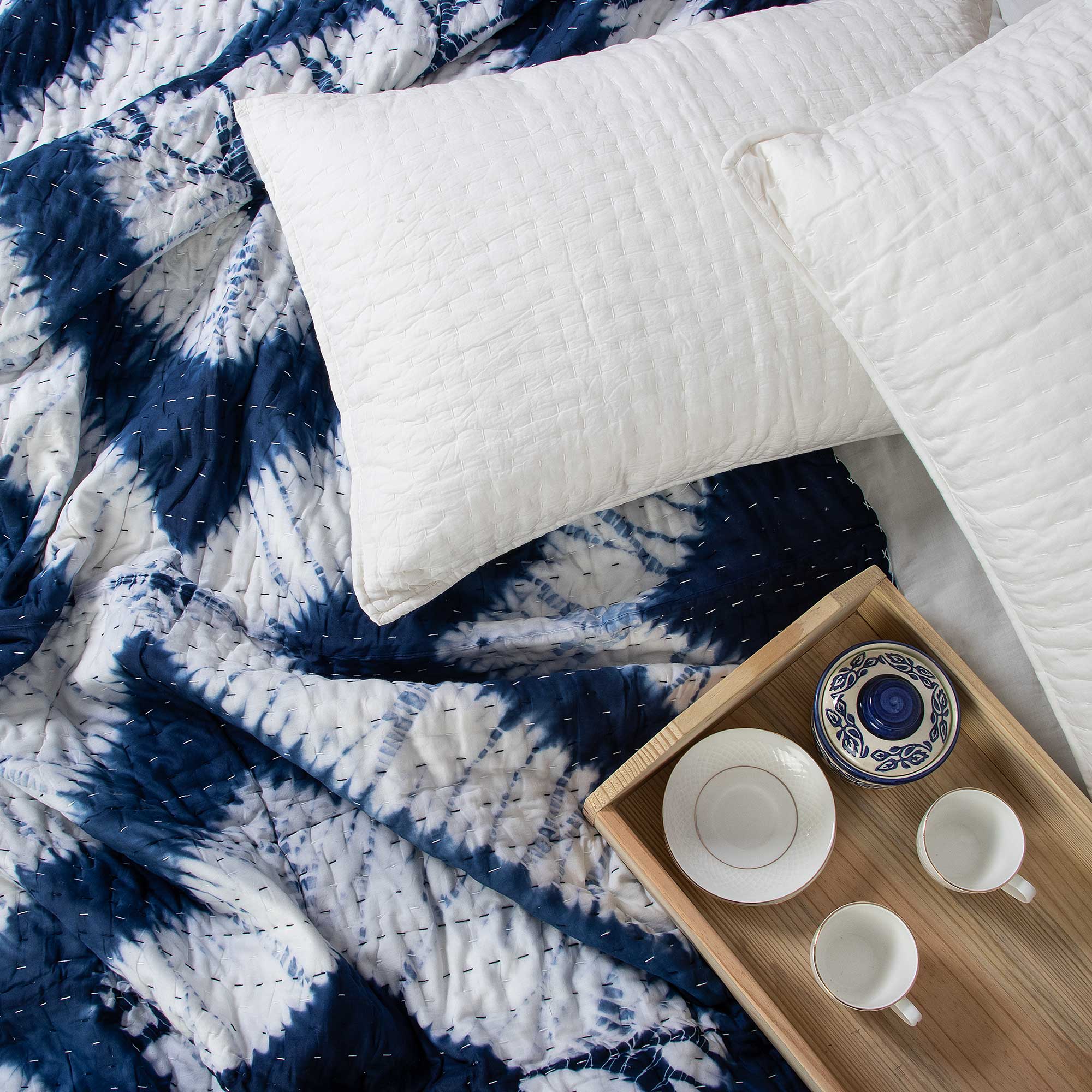 Geometrical Blue Tie Dyed Pure Cotton Kantha Quilts
