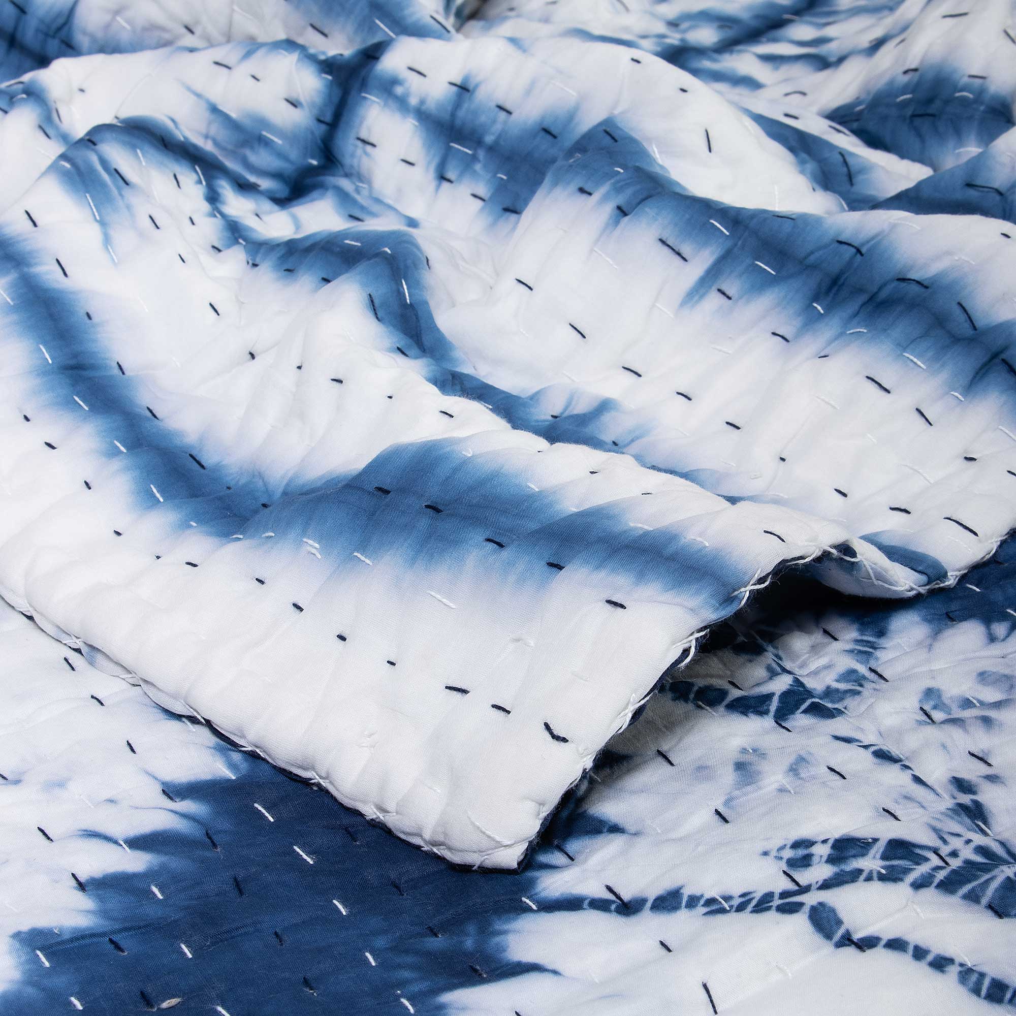 Geometrical Blue Tie Dyed Pure Cotton Kantha Quilts