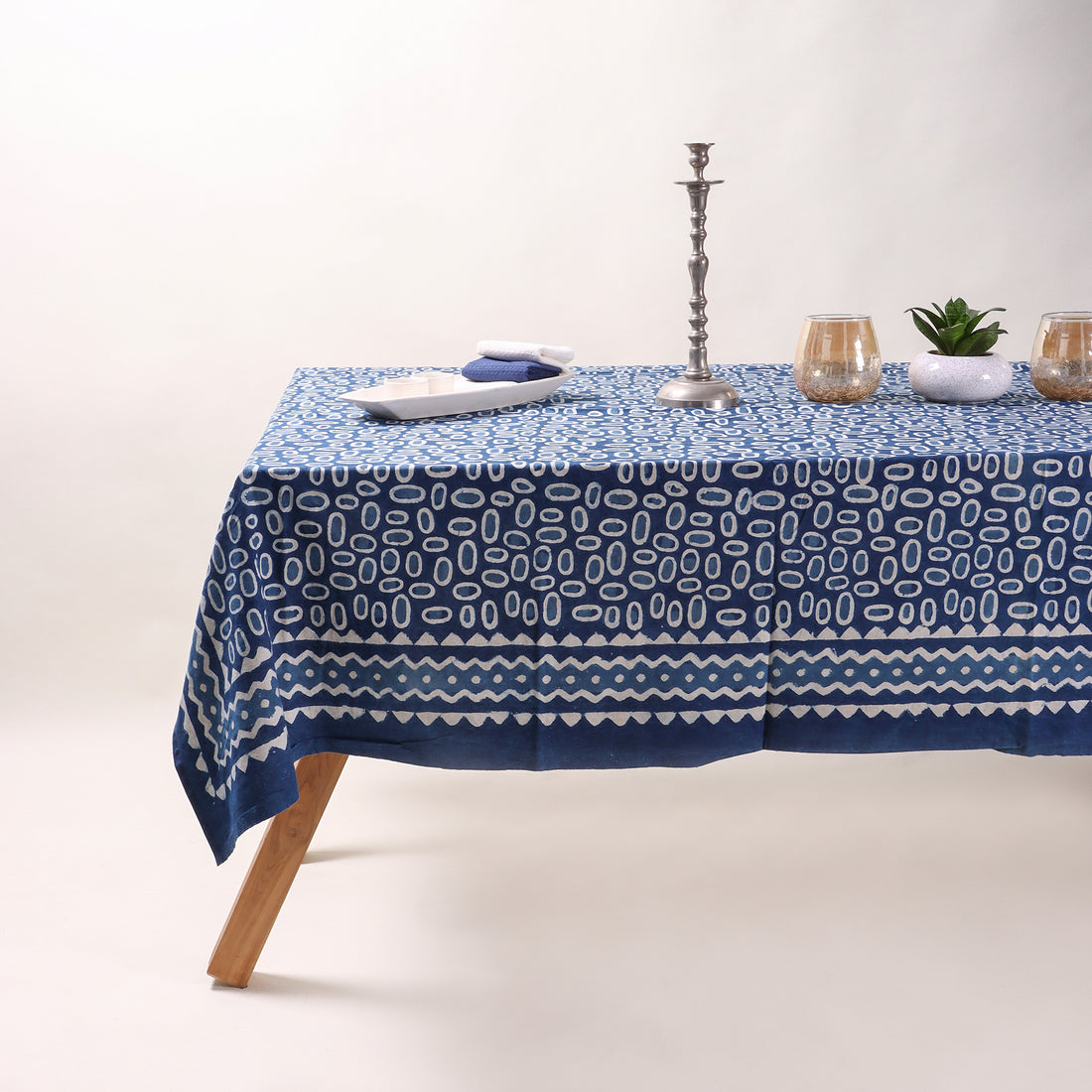 Geometrical Indigo Hand Block Printed Dining Table Cloth