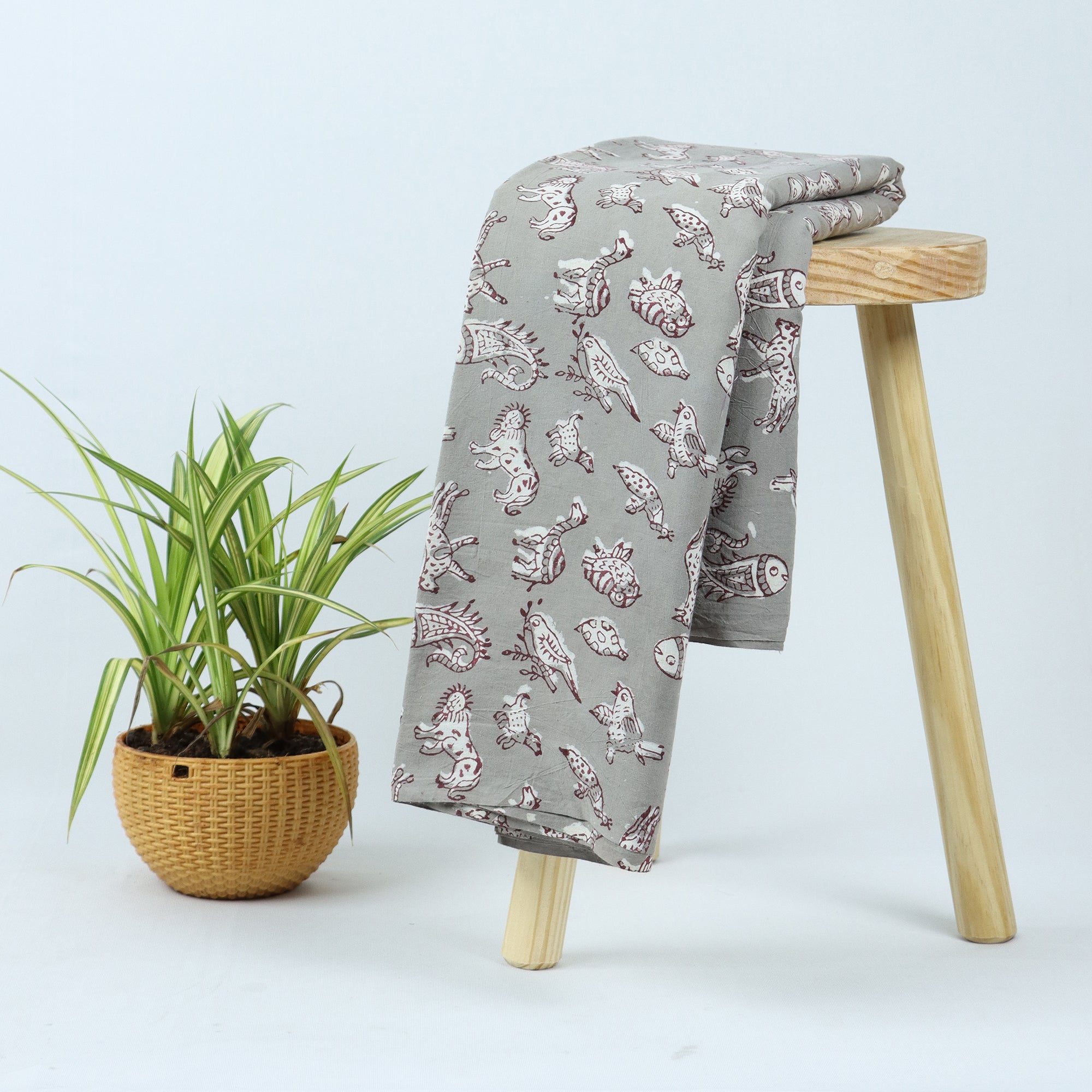 Gray Animal Kashish Hand Block Print Fabric