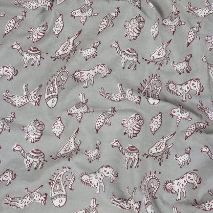 Gray Animal Kashish Hand Block Print Fabric