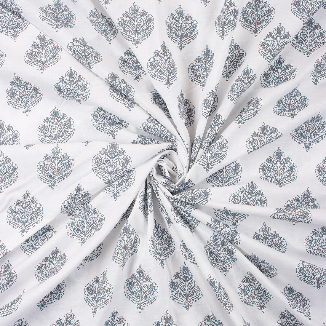 Gray Floral Boota 100% Cotton Hand Block Print Fabric